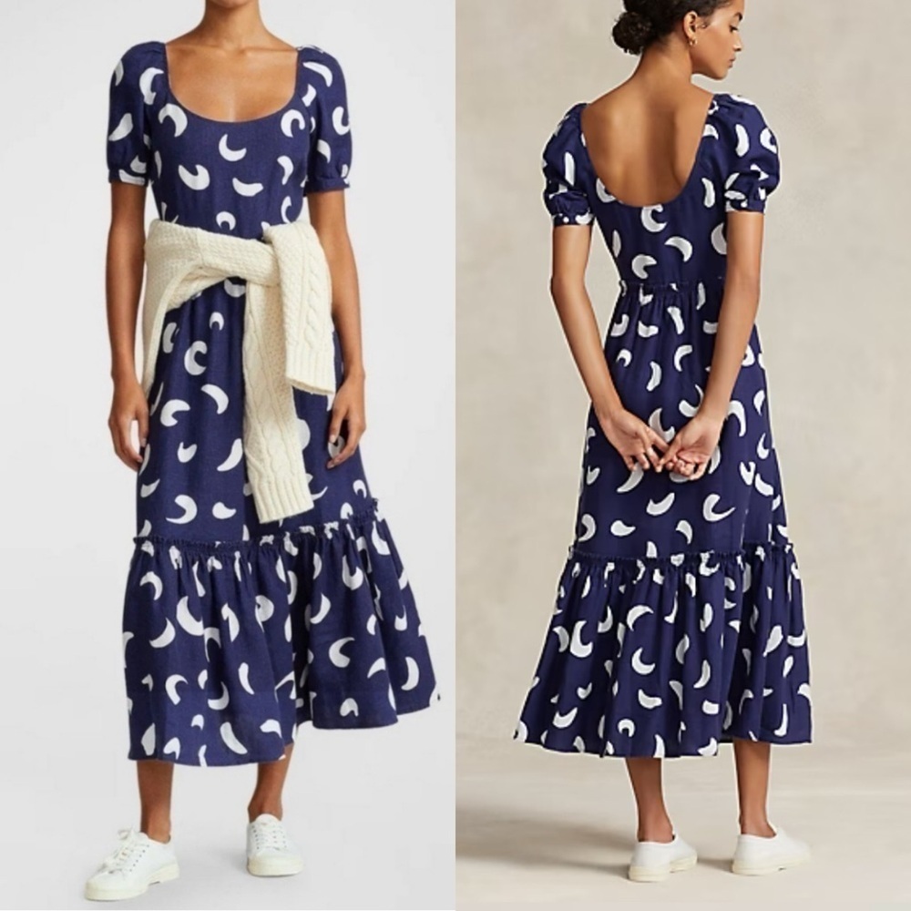 Polo Ralph Lauren Navy Blue Brushstroke-Motif Tiered Linen Dress 4 - Picture 8 of 8